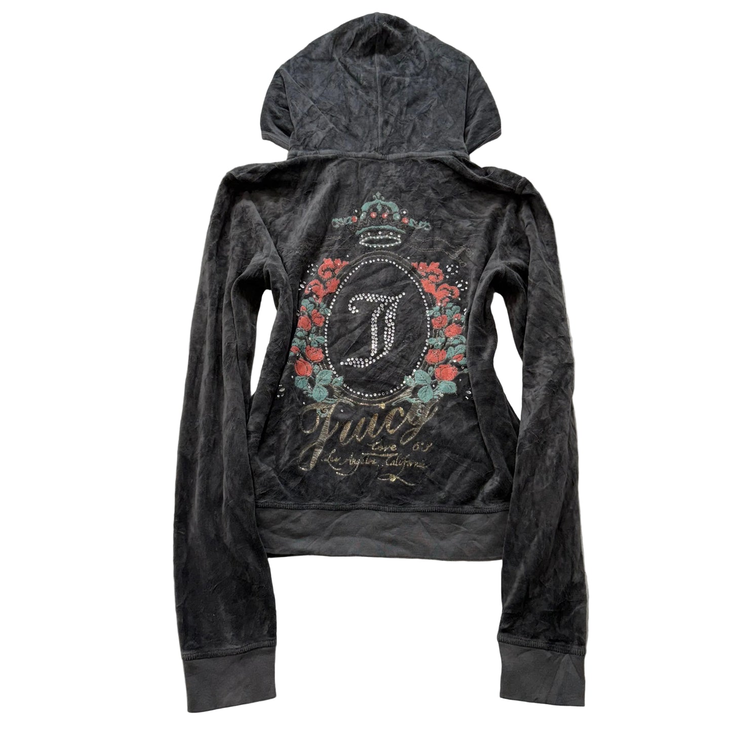 Juicy Couture Womens Charcoal Grey Velour Hoodie Rhinestone Rose Graphic Size XL