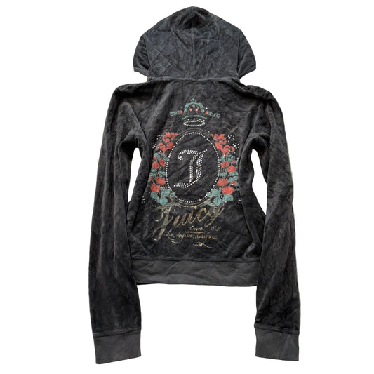 Juicy Couture Womens Charcoal Grey Velour Hoodie Rhinestone Rose Graphic Size XL