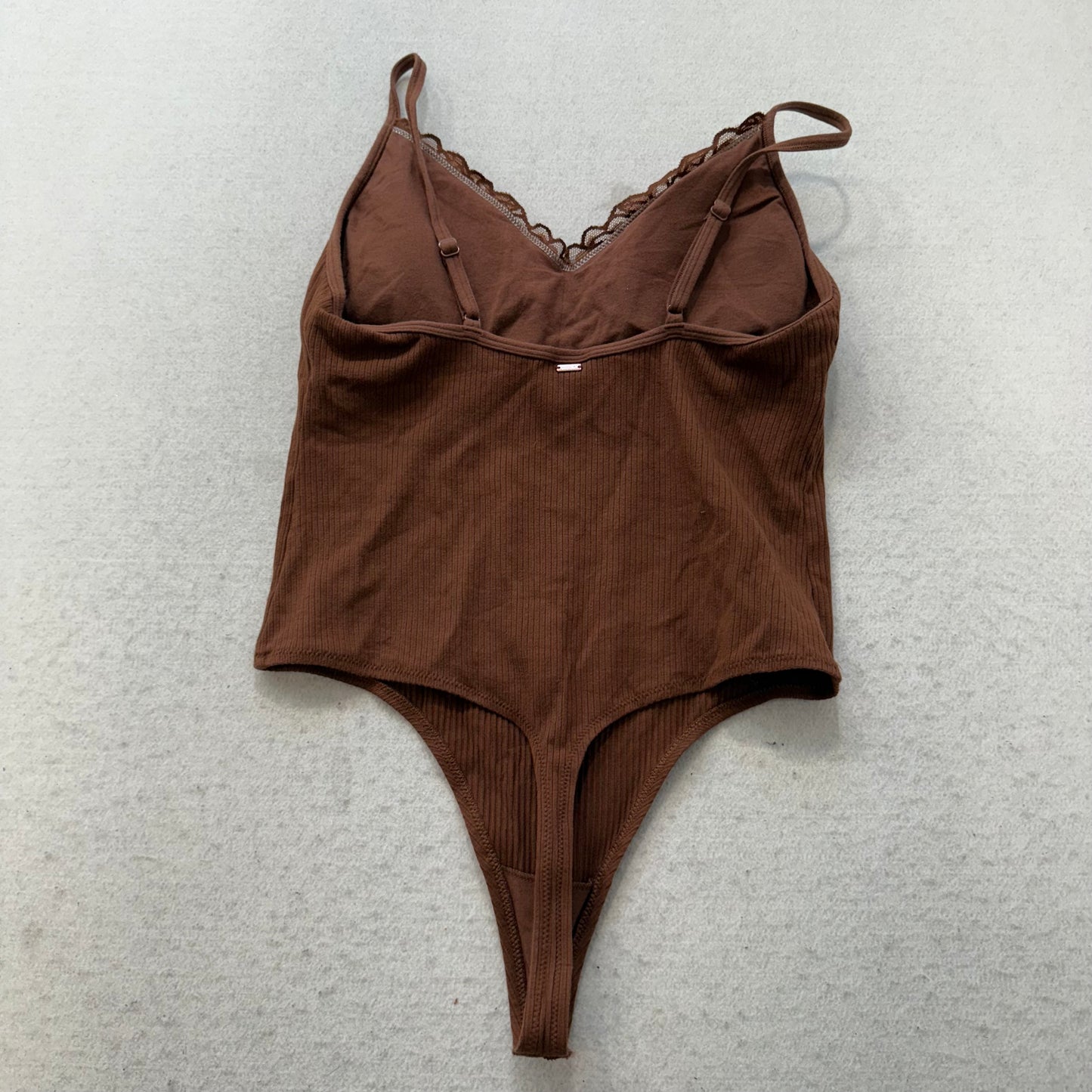 Victoria's Secret PINK Women Brown Lace Ribbed Bodysuit Adjustable Straps Size L