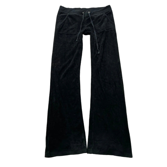 Vintage Juicy Couture Women's Jet Black Velour Flared Track Pants Pockets Size S