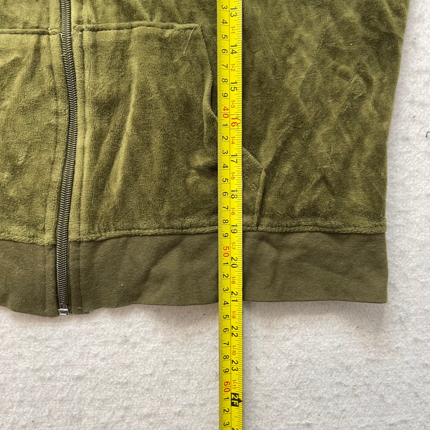 Vintage Juicy Couture Womens Olive Velour Zip-Up Hoodie Pocket Drawstring Size L