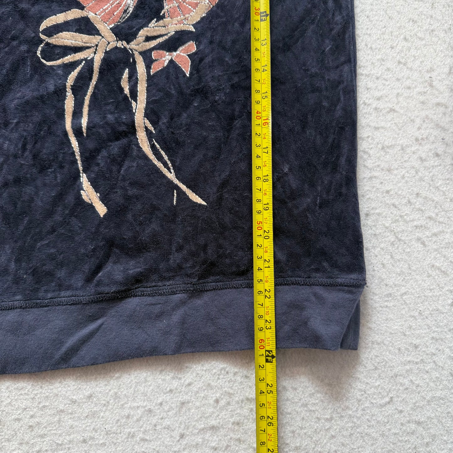 Juicy Couture Women's Navy Velour Bow Off The Shoulder Graphic Top Casual Size M