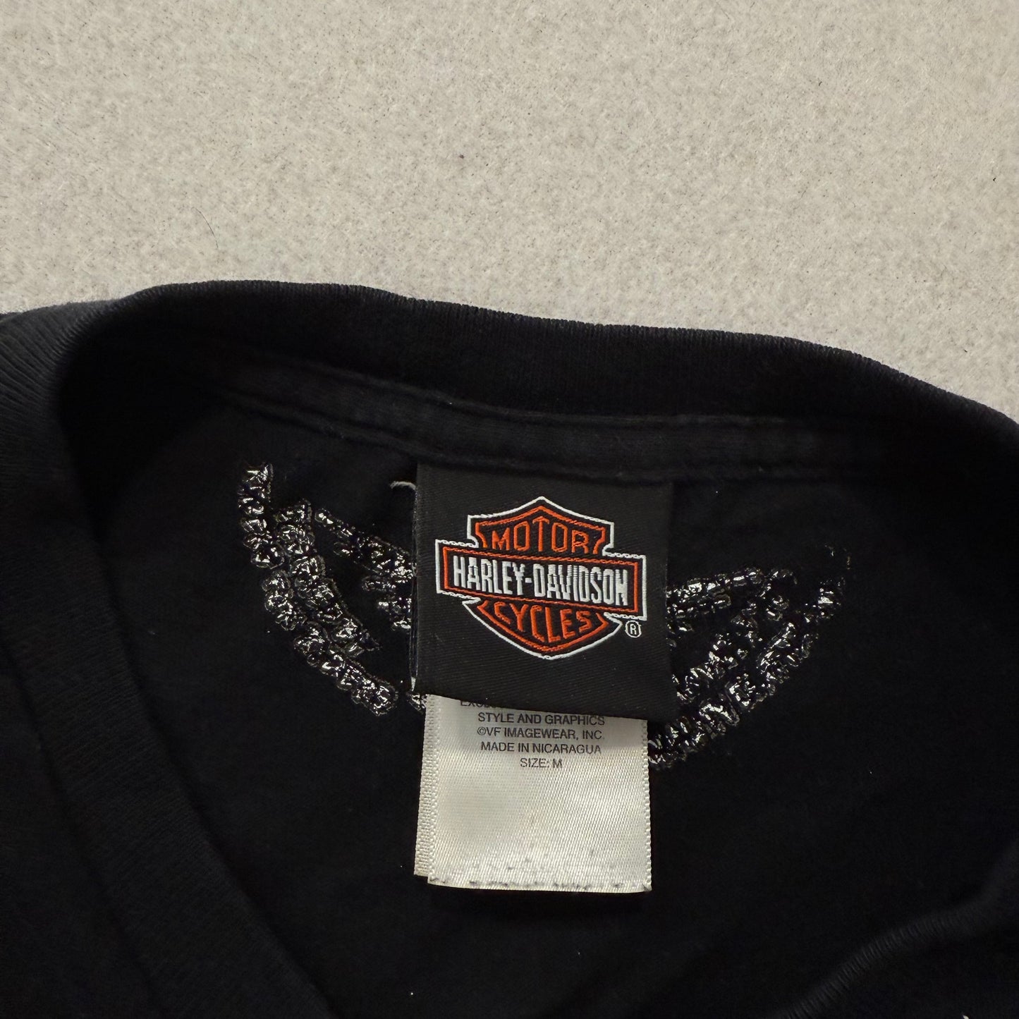 Harley-Davidson Men Black Cotton T-Shirt Crew Neck Distressed Graphic Tee Size M