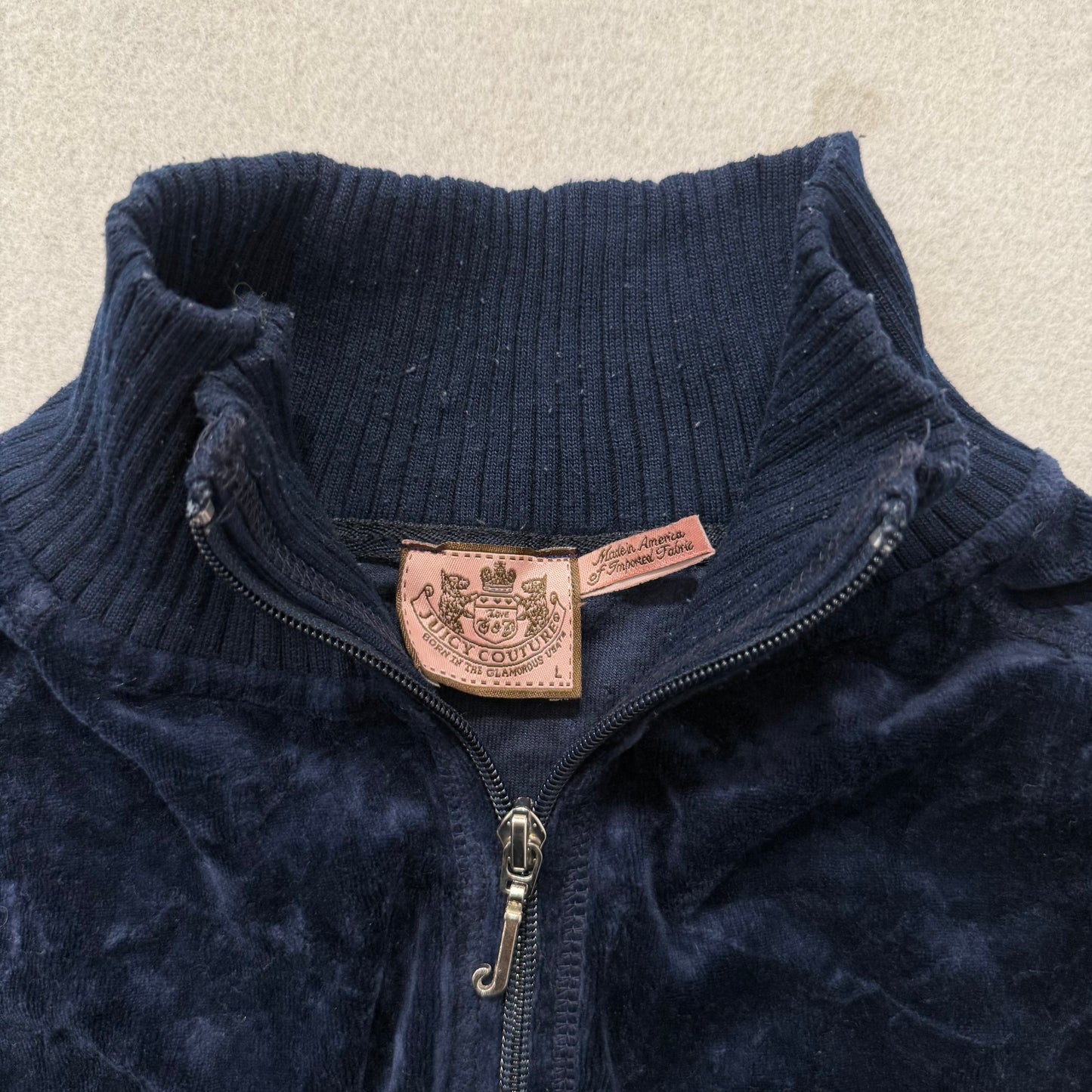 Vintage Juicy Couture Women's Navy Velour Full Zip Track Jacket Mock Neck Size L