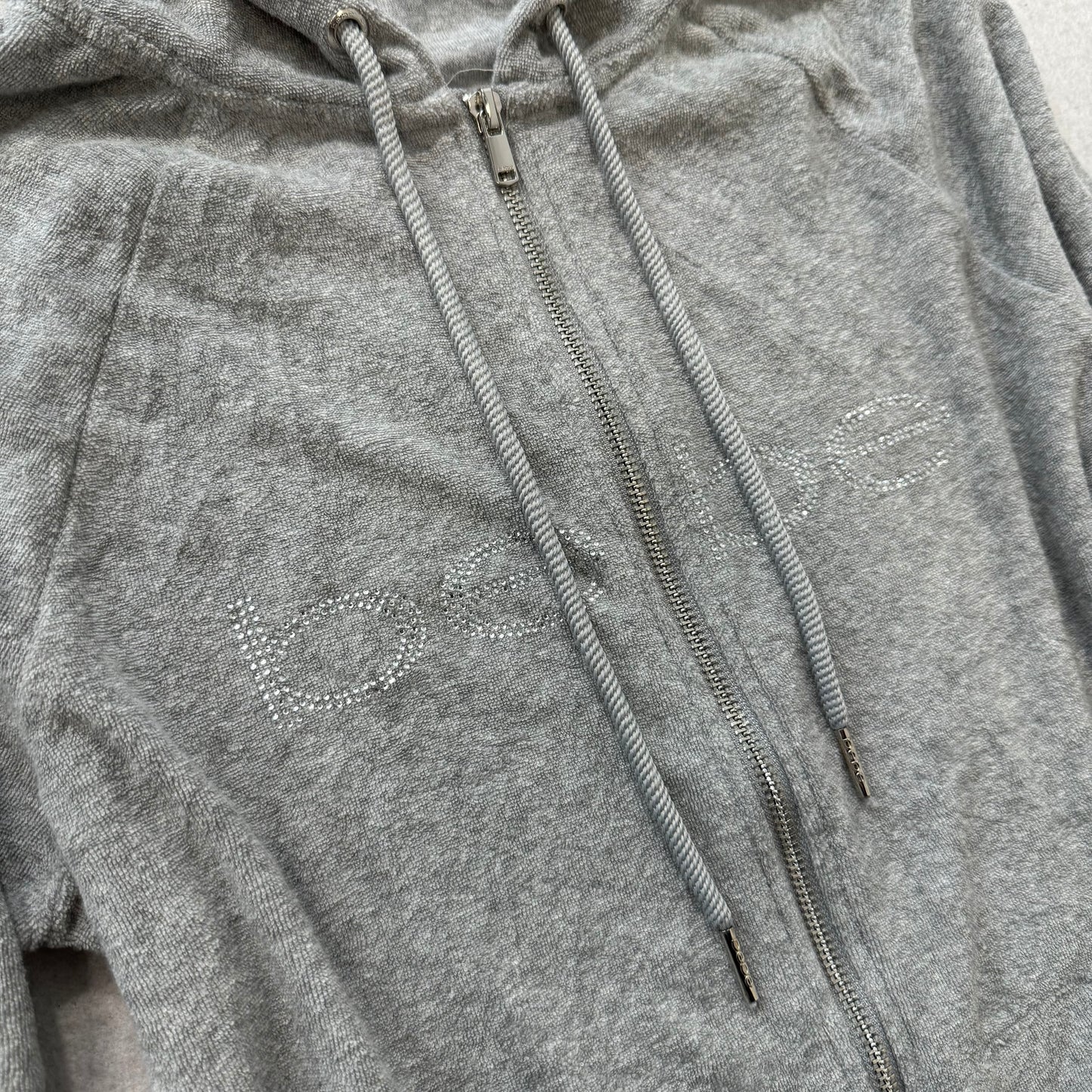 Bebe Gray Velour Full Zip Hoodie Jacket Rhinestone Front Design Size S