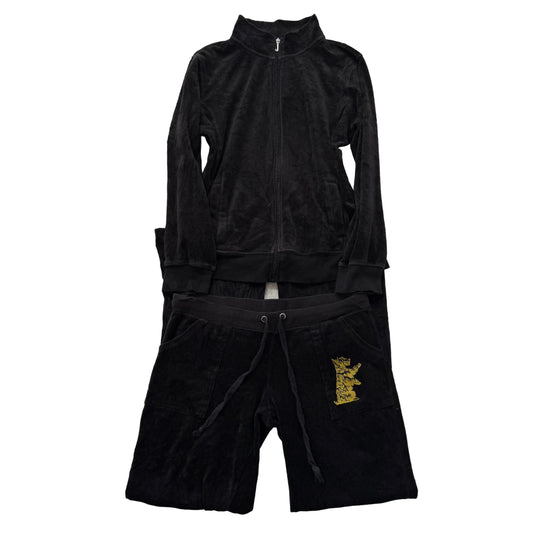 Vintage Juicy Couture Women Dark Brown Velour Jacket & Pant Tracksuit Set Size L