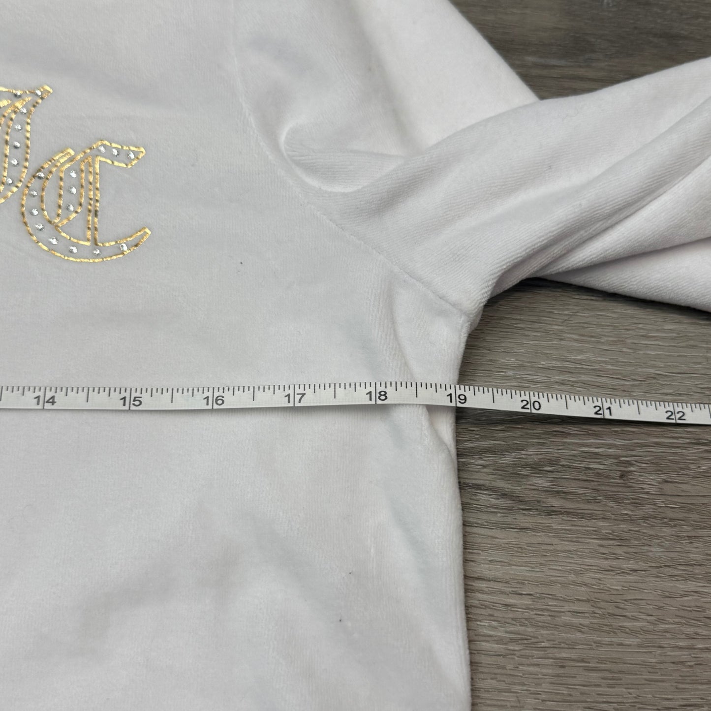 Juicy Couture Women's White Velour Zip-Up Hoodie Pockets Rhinestone Logo Size L