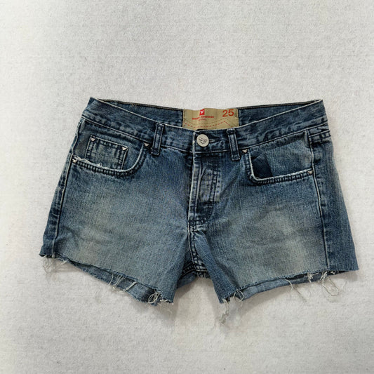 KOSIUKO Low Rise Blue Denim Cutoff Shorts Raw Hem Size 25
