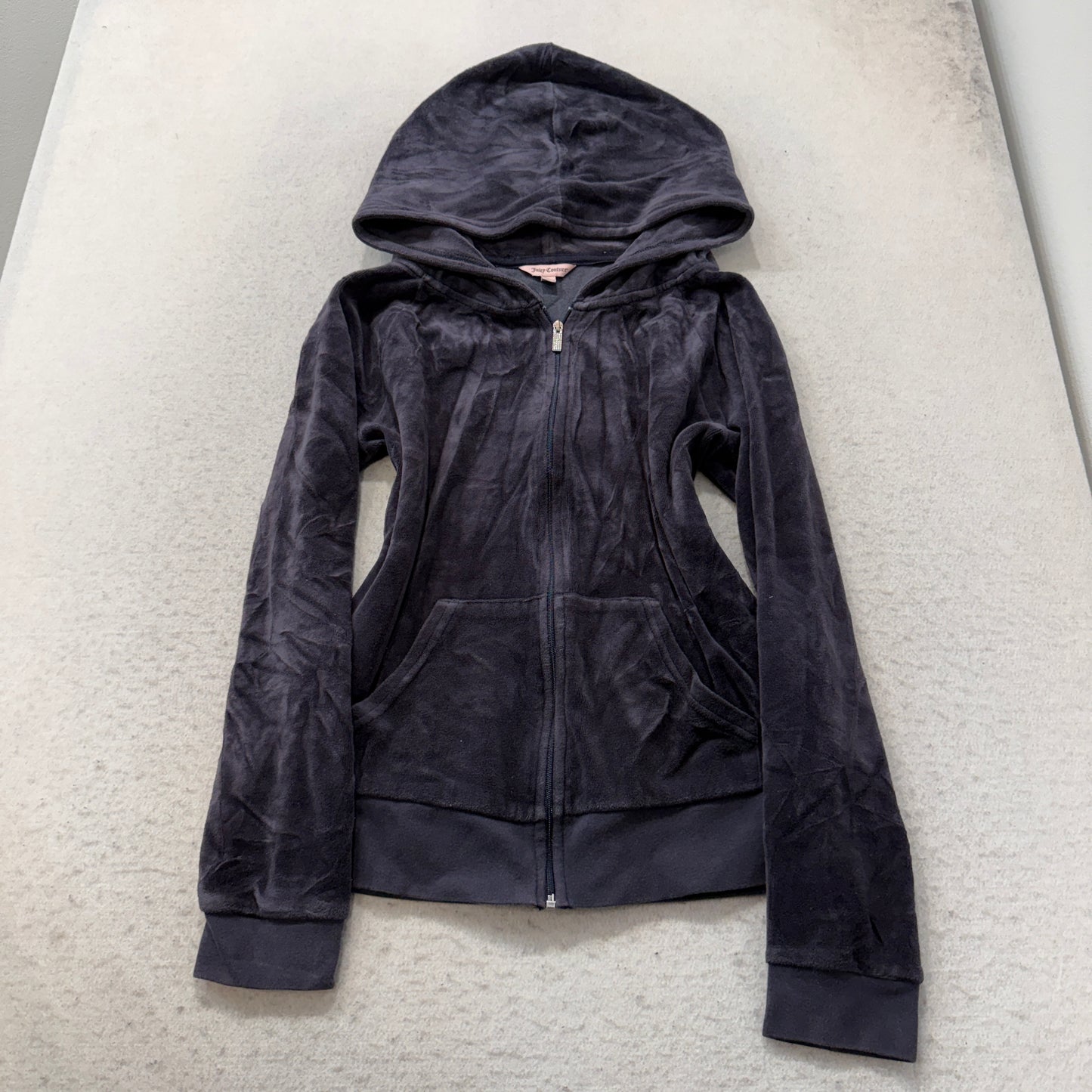 Juicy Couture Women's Black Velour Zip-Up Hoodie Pockets Loungewear Y2K Size L