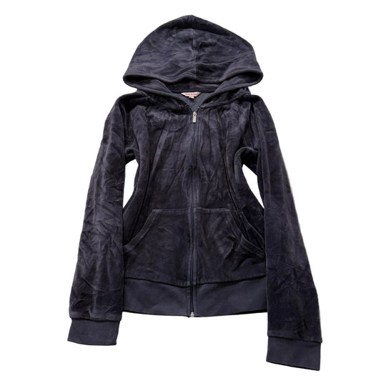 Juicy Couture Women's Black Velour Zip-Up Hoodie Pockets Loungewear Y2K Size L