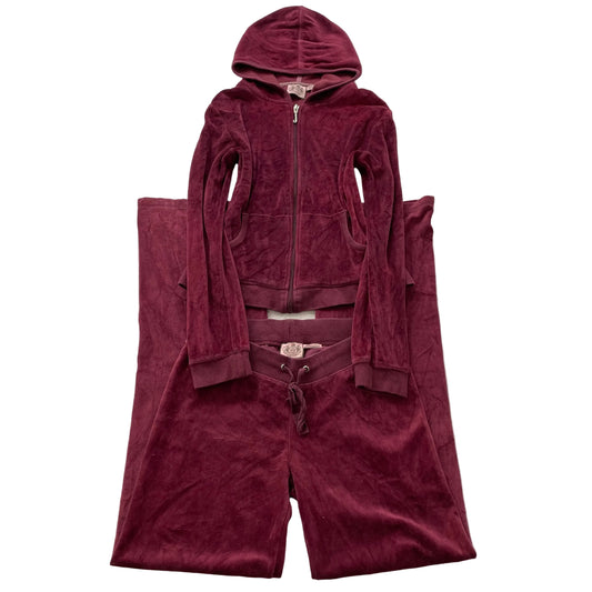 Juicy Couture Burgundy Velour Tracksuit Set Zip-Up Hoodie Drawstring Pant Size S