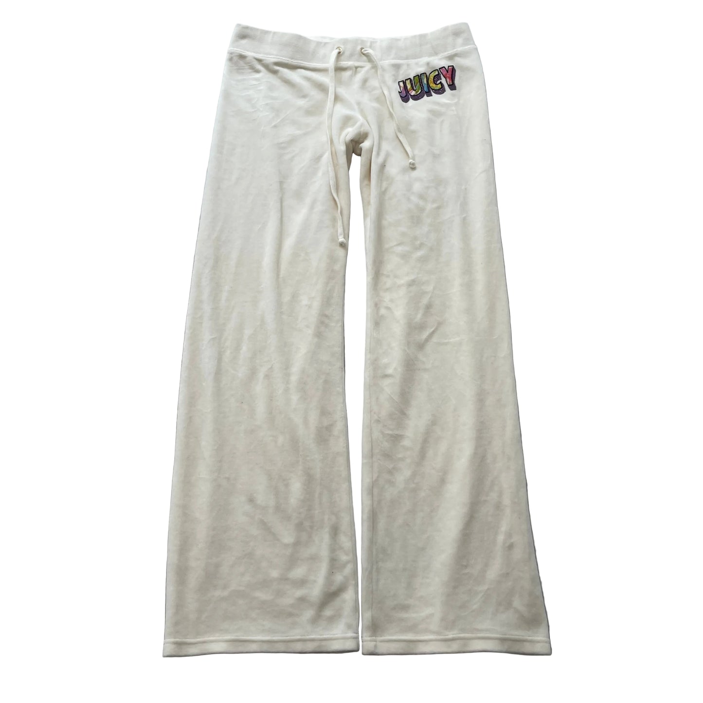 Juicy Couture Women's White Velour Flare Track Pant Colorful Rhinestones Size L