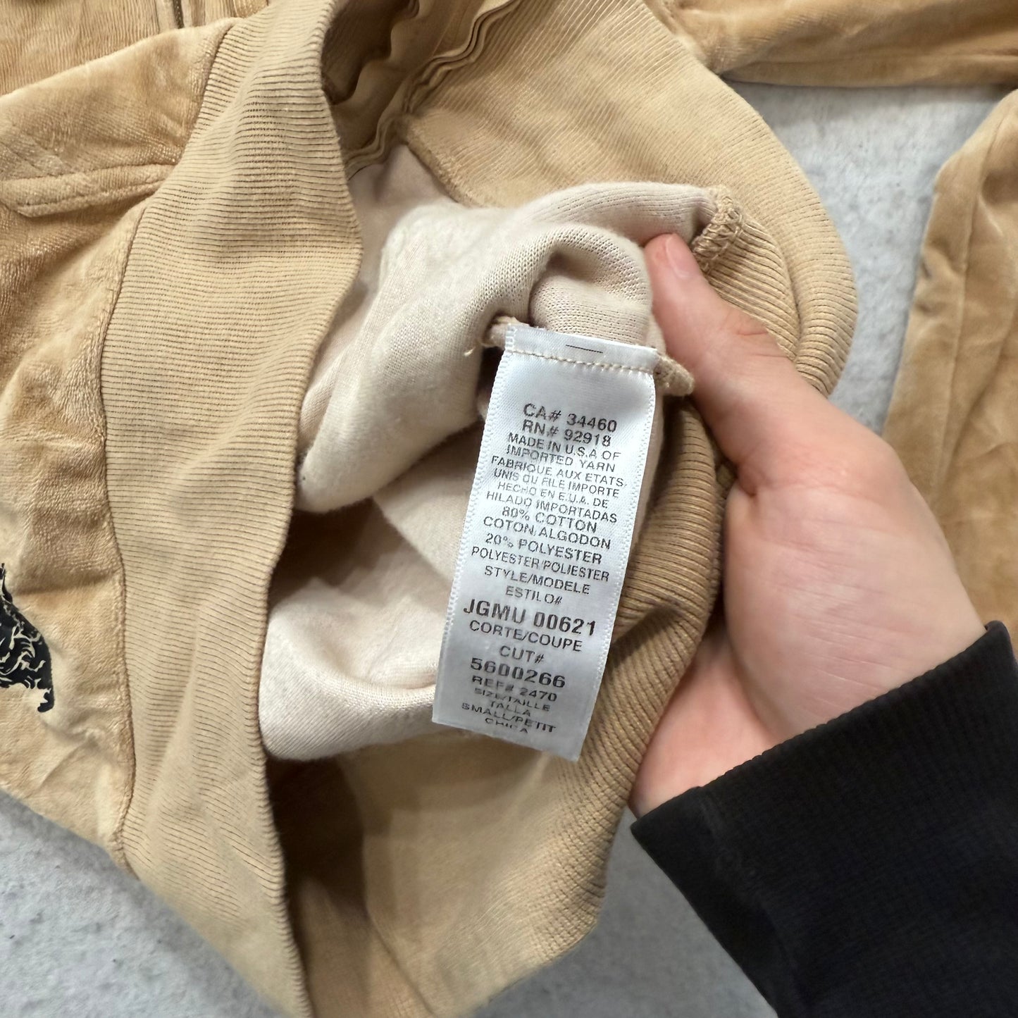 Vintage Juicy Couture Women Tan Velour Full Zip Hoodie Drawstring Pockets Size S