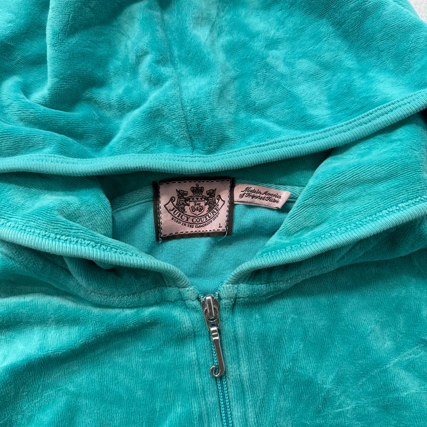Vtg Juicy Couture “Let There Be Juicy Couture” Women's Teal Velour Hoodie Size L