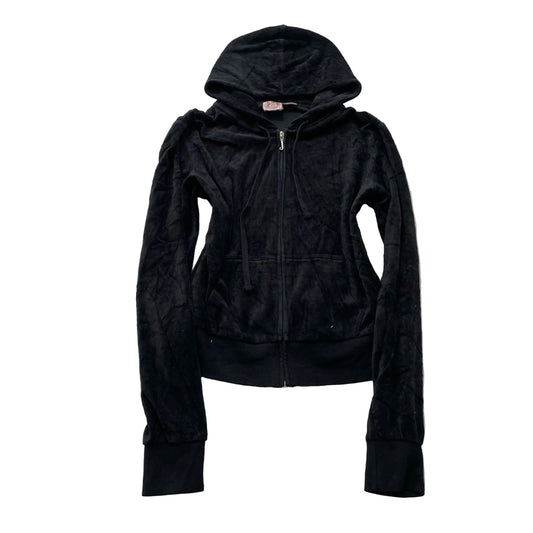 Juicy Couture Women's Black Velour Zip-Up Hoodie Drawstring Pockets Y2k Size XL