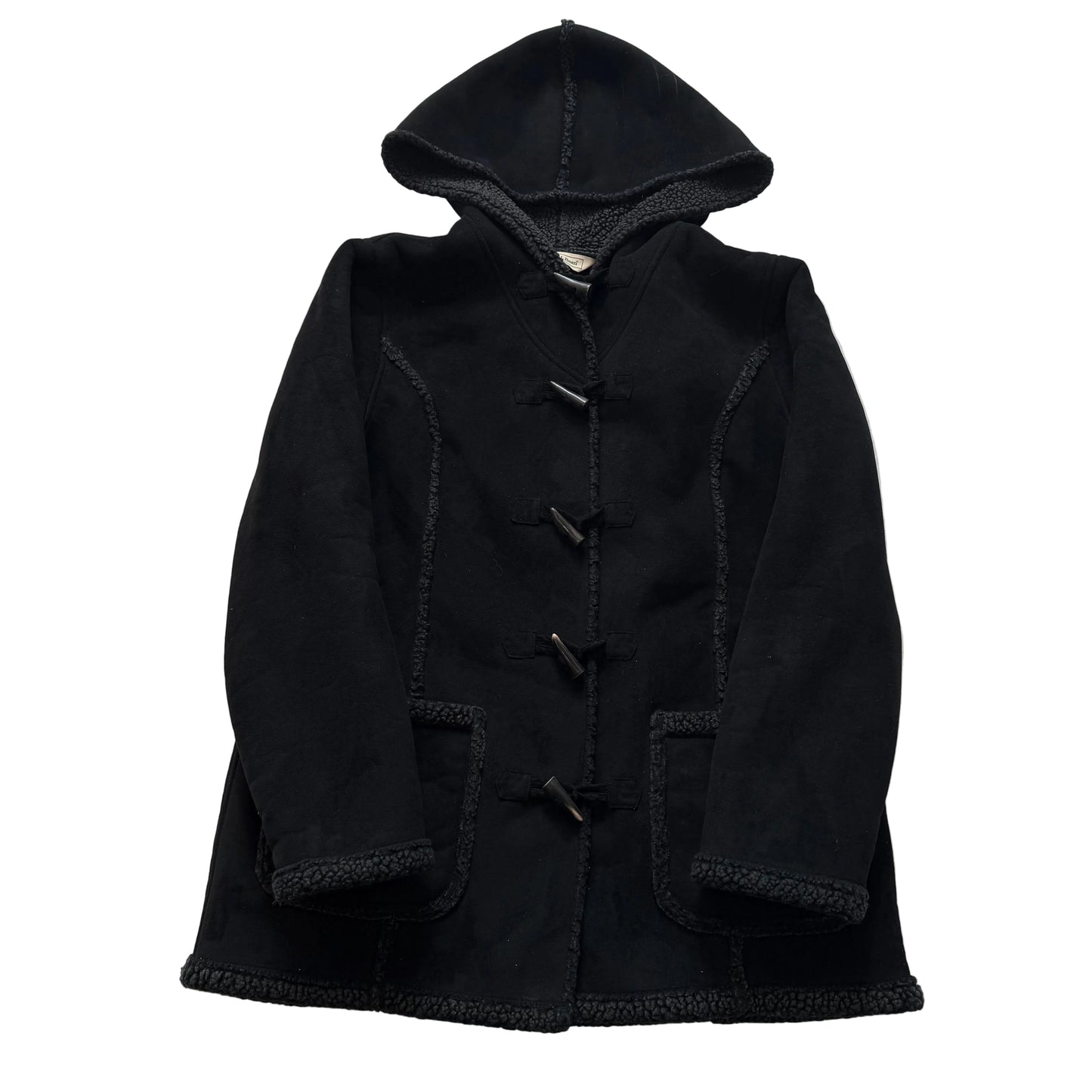 L.L. Bean Womens Black Faux Suede Hooded Toggle Coat Sherpa Lined Classic Size M