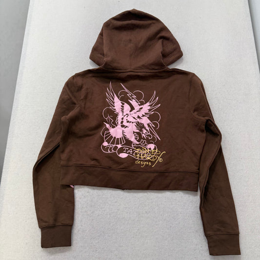 Ed Hardy Women's Brown Zip Up Cropped Hoodie Long Sleeves Tiger Graphic Size XL