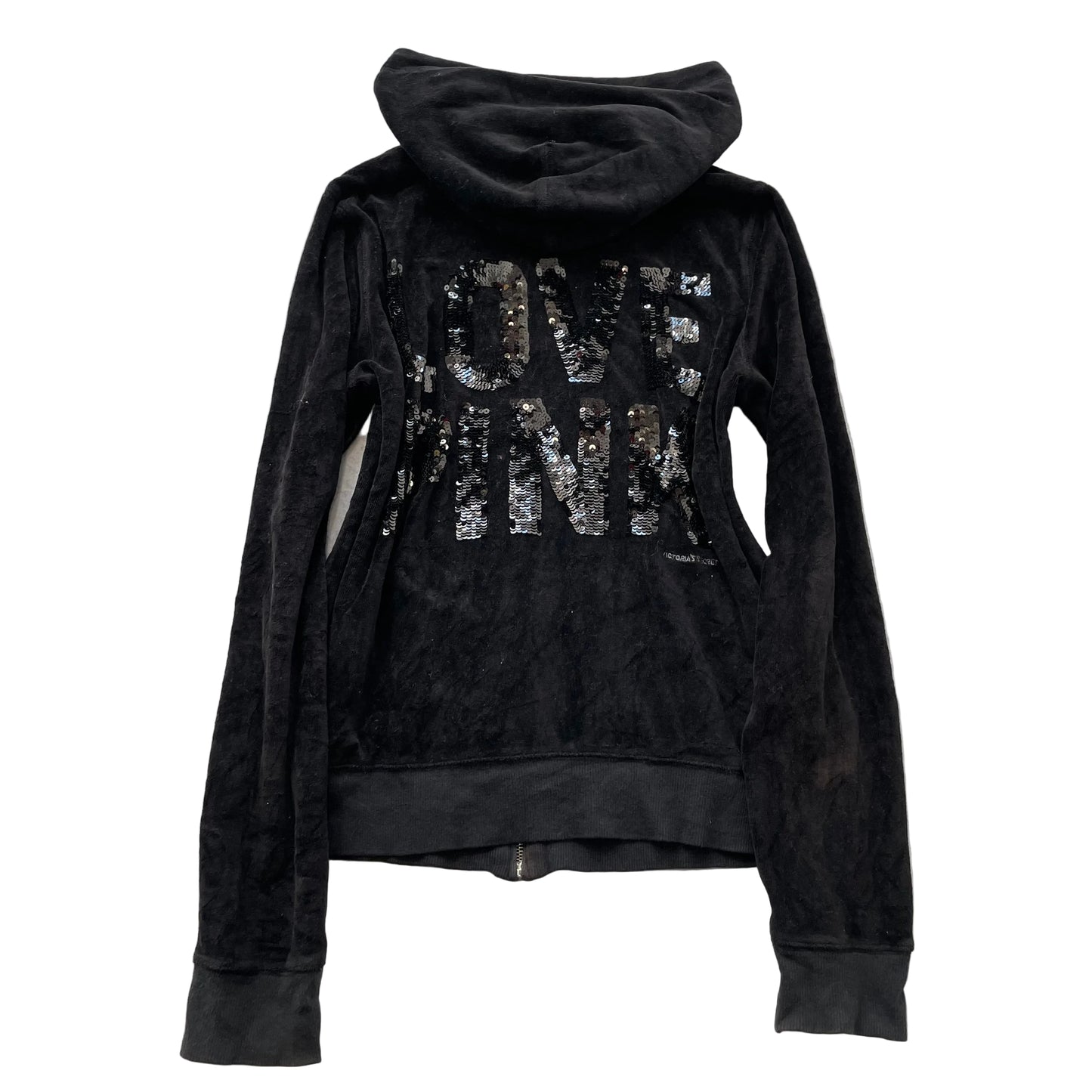 Victoria's Secret PINK Women's Black Zip-Up Hoodie Sequin Logo Drawstring Size L