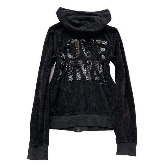Victoria's Secret PINK Women's Black Zip-Up Hoodie Sequin Logo Drawstring Size L