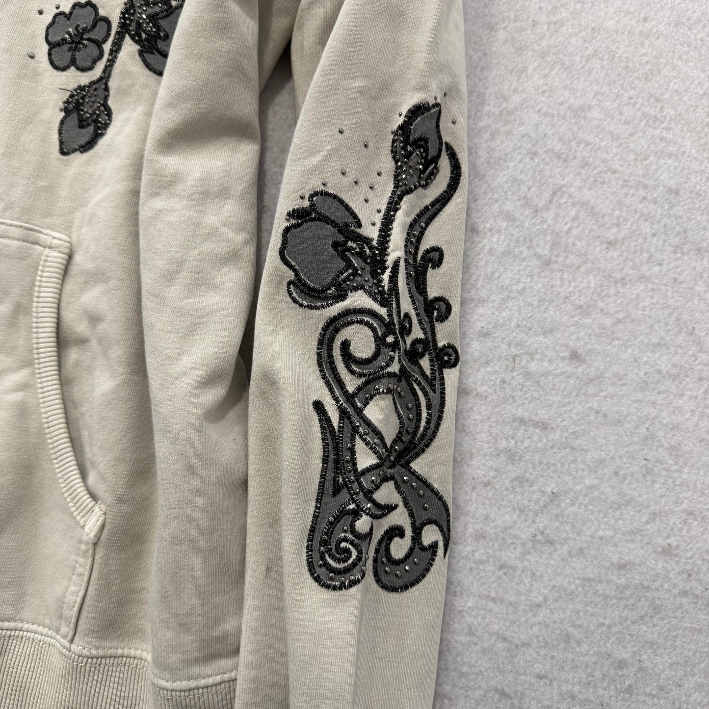 Vertigo Women's White Cotton Zip Up Hoodie Floral Rhinestones Logo Y2K Size XL