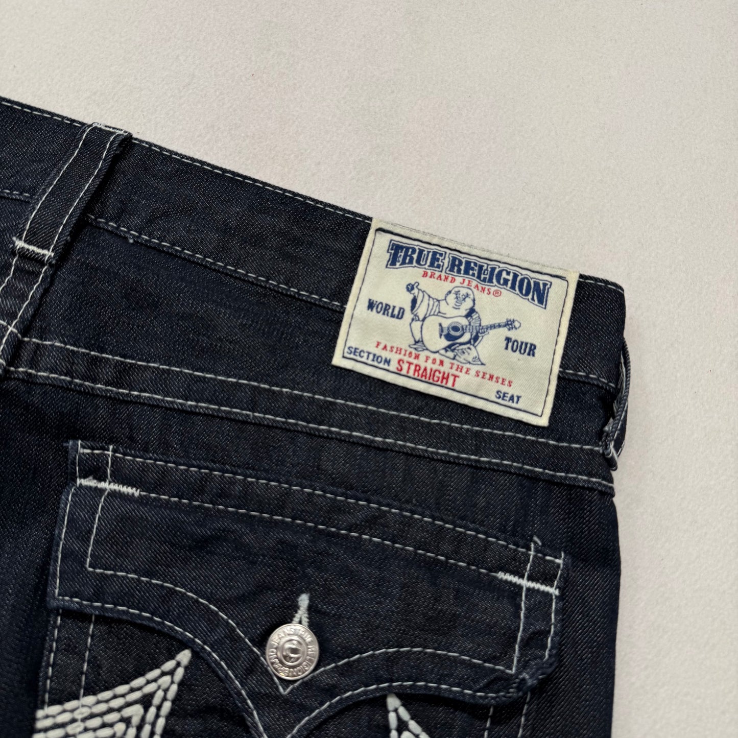 True Religion Ricky Men's Blue Straight Jeans Triple Stitch Flap Pocket Size 36