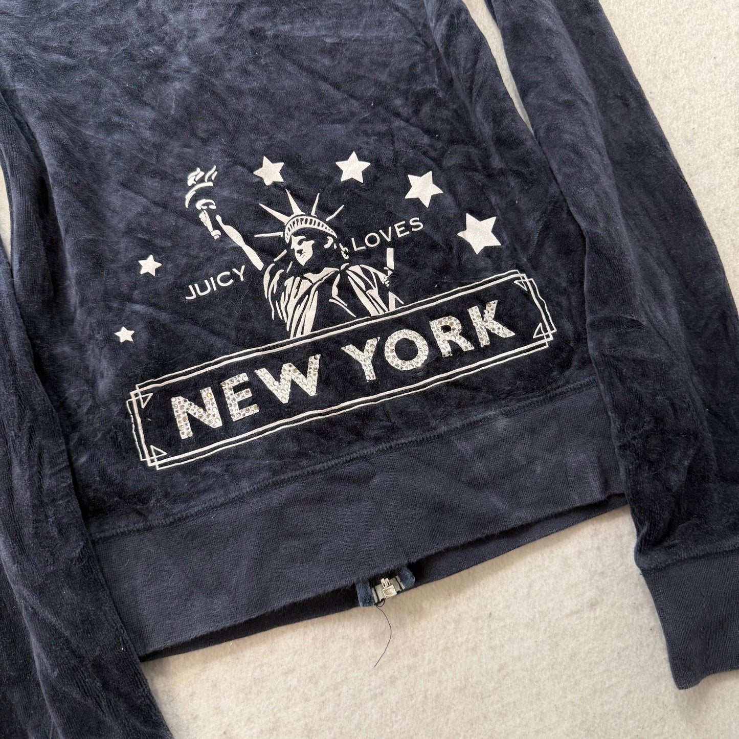 Juicy Couture Navy Velour Tracksuit Set Zip Up Hoodie & Pant Graphic Y2K Size 12