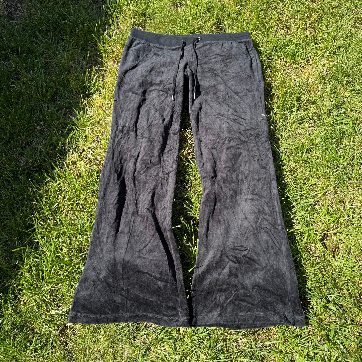 Vtg Juicy Couture Women's Charcoal Velour Flared Track Pant Snap Pockets Size L