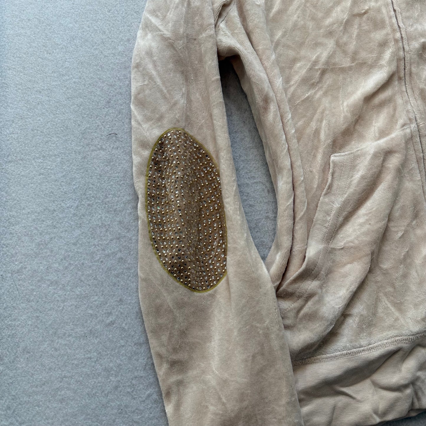 Juicy Couture Womens Beige Velour Zip-Up Hoodie Rhinestone Elbow Patches Size XL