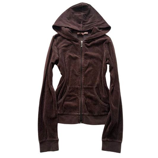 Vintage Juicy Couture Women's Dark Brown Velour Zip-Up Hoodie Pockets Y2k Size S