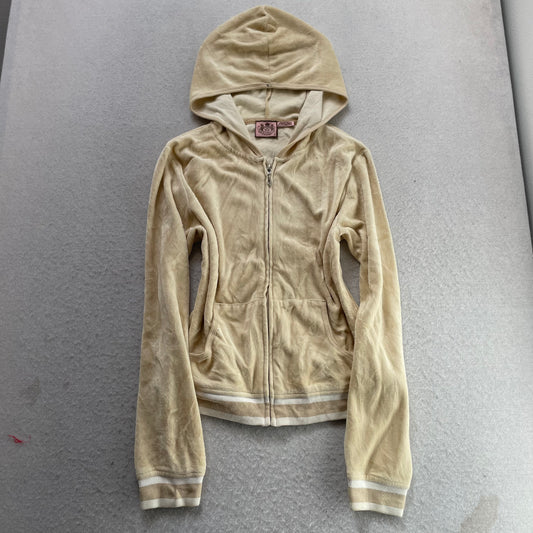 Vintage Juicy Couture Women Beige Velour Zip-Up Hoodie Striped Hem Pocket Size S