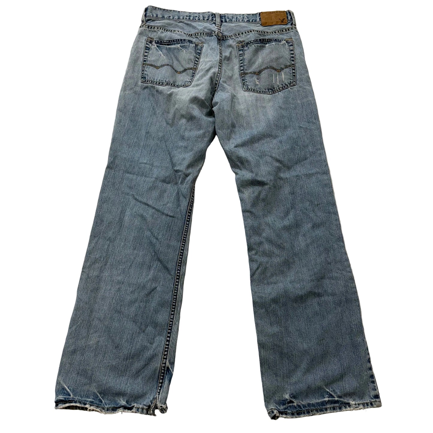 American Eagle Men's Light Wash Blue Denim Straight Leg Jeans Raw Hem Size 34