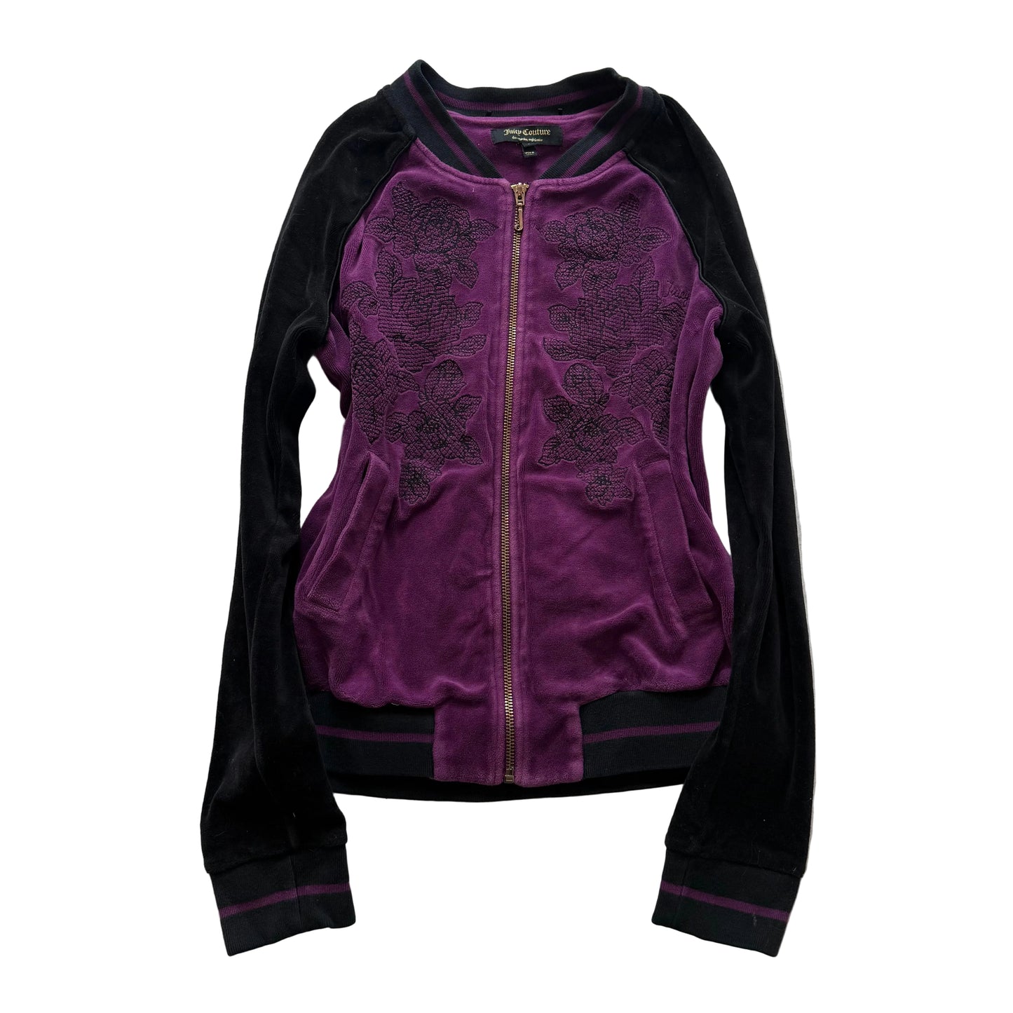Juicy Couture Women Purple Black Velour Two Tone Floral Embroidery Jacket Size S
