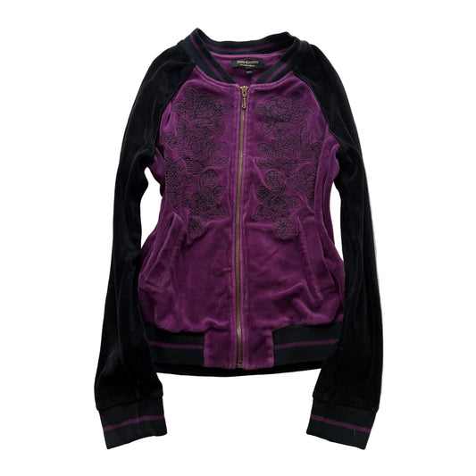 Juicy Couture Women Purple Black Velour Two Tone Floral Embroidery Jacket Size S