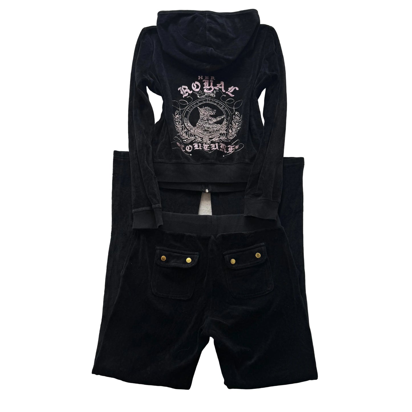 Vintage Juicy Couture Her Royal Couture Womens Black Velour Hoodie & Pant Size S