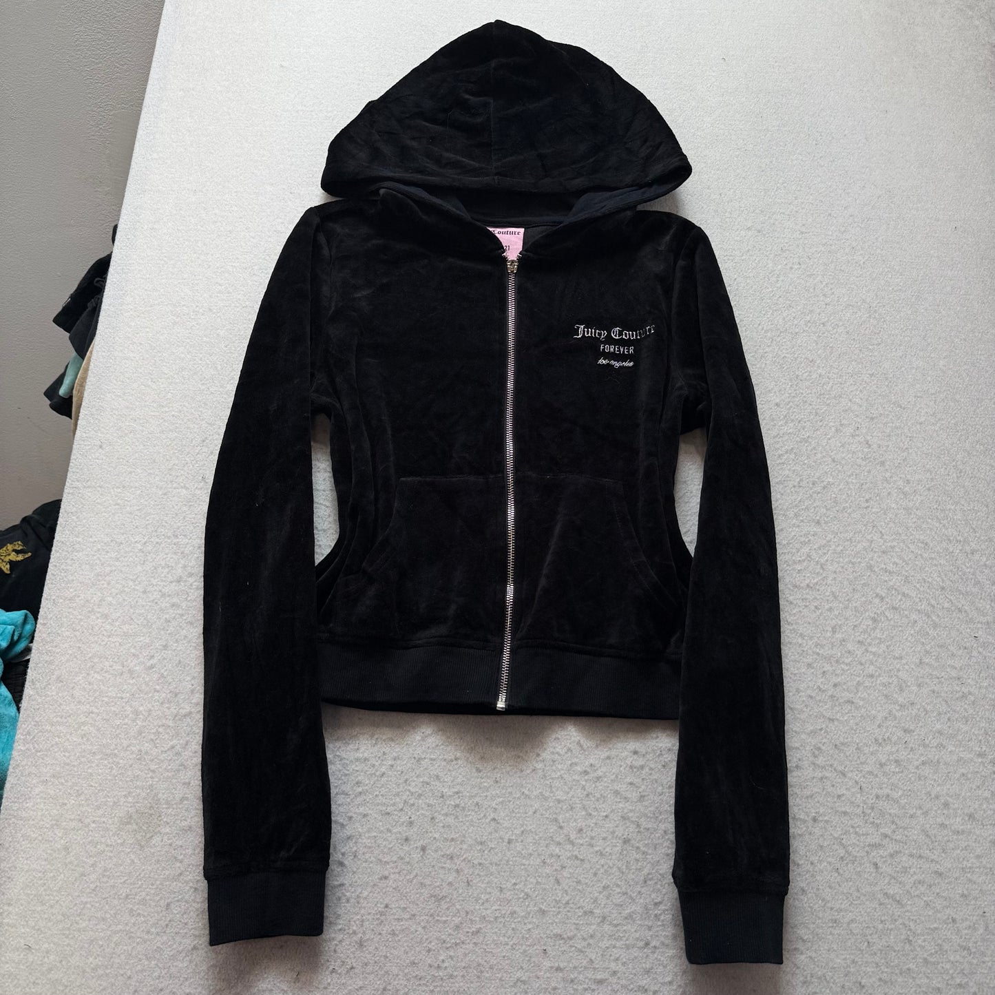 Juicy Couture Forever Women's Black Velour Zip-Up Hoodie Rhinestones Logo Size L
