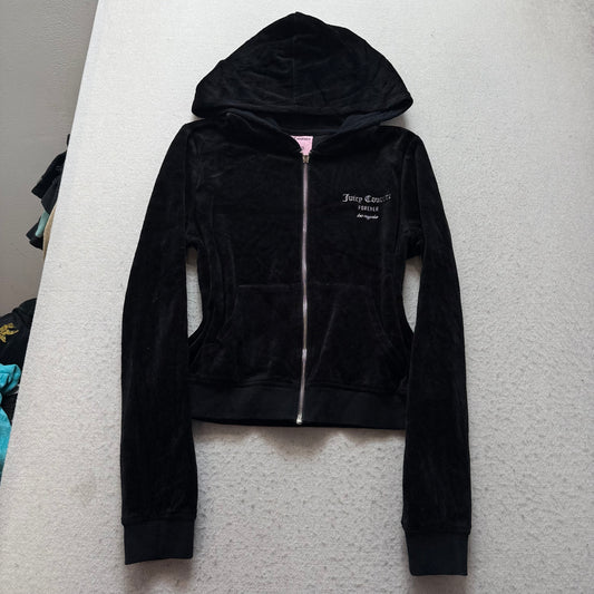 Juicy Couture Forever Women's Black Velour Zip-Up Hoodie Rhinestones Logo Size L