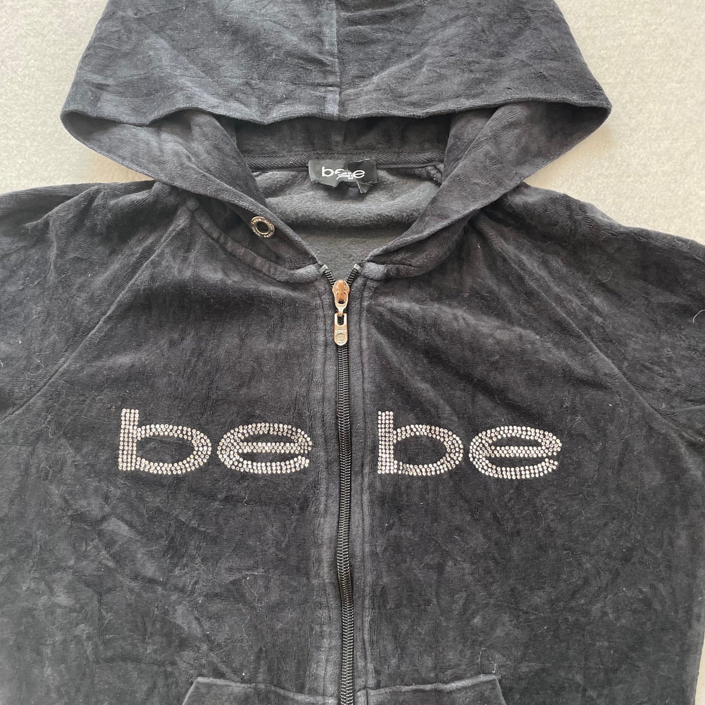Bebe Girl's Navy Velour Zip-Up Hoodie Pockets Classic Rhinestones Logo Size 5/P