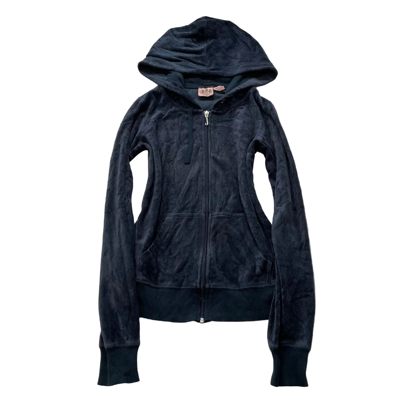 Vintage Juicy Couture Womens Navy Velour Zip-Up Hoodie Pockets Drawstring Size S