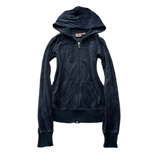 Vintage Juicy Couture Womens Navy Velour Zip-Up Hoodie Pockets Drawstring Size S