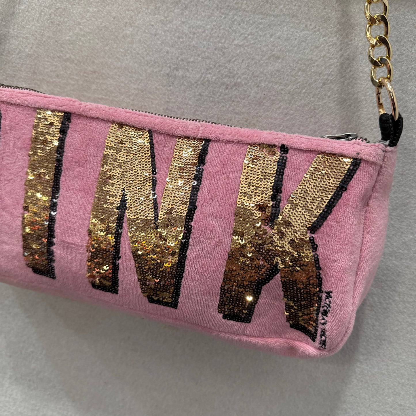 PINK Victoria's Secret Pink Velour Gold Sequin Logo Casual Shoulder Baguette Bag