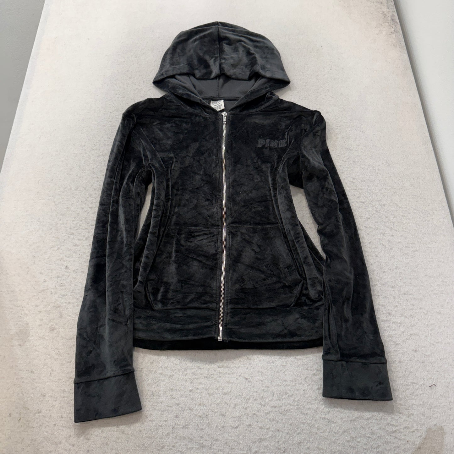 Victoria's Secret PINK Women's Black Velour Zip-Up Hoodie Pockets Casual Size L