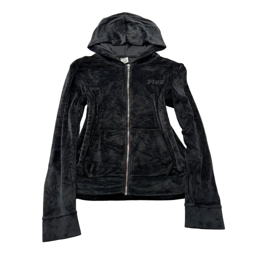 Victoria's Secret PINK Women's Black Velour Zip-Up Hoodie Pockets Casual Size L