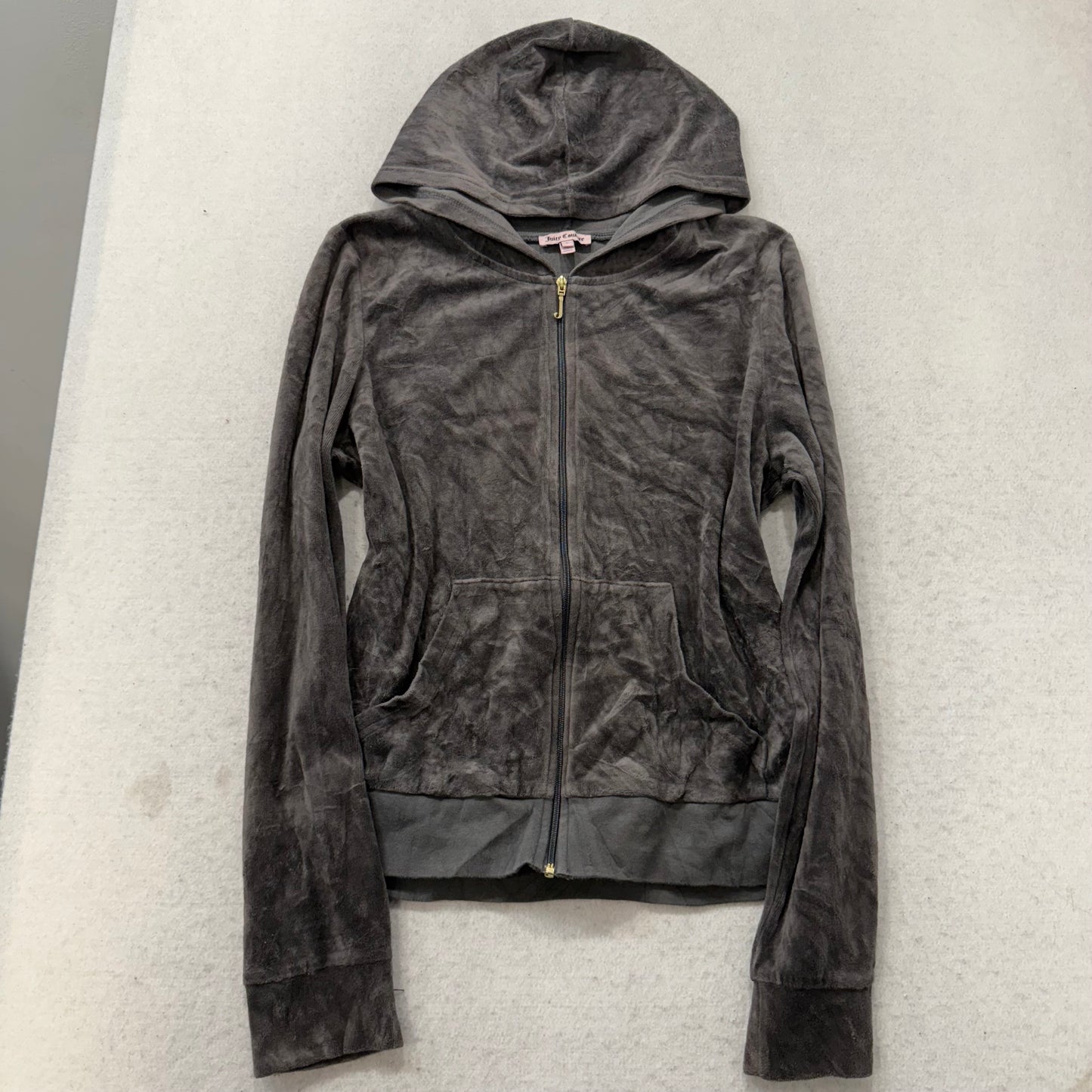 Juicy Couture Women's Charcoal Velour Zip-Up Hoodie Pockets Graphic Logo Size L