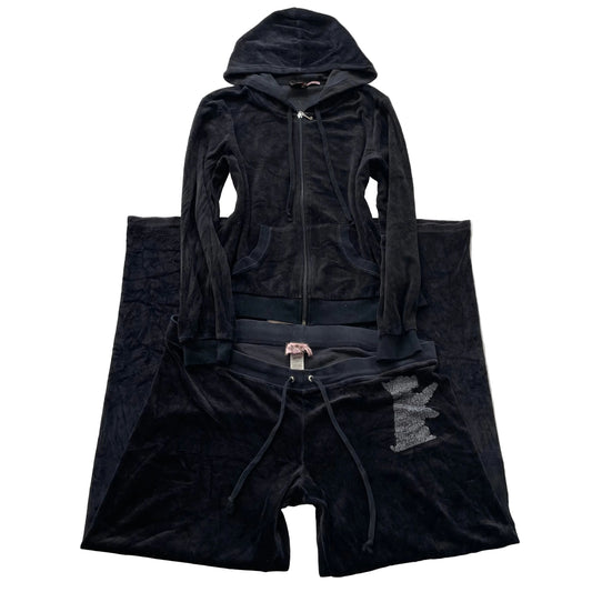 Juicy Couture Women's Black Velour Tracksuit Set Hoodie & Pant Dog Logo Size XL