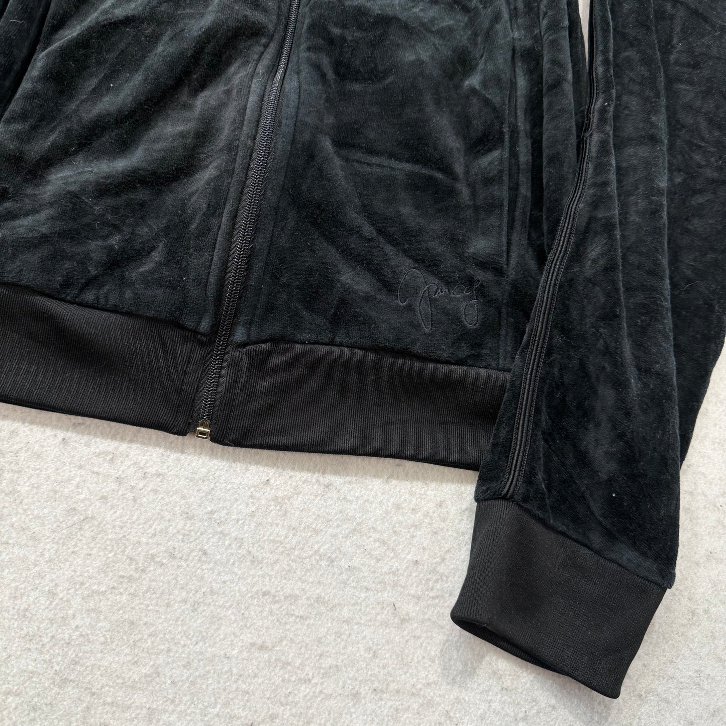 Juicy Couture Women's Black Velour Full Zip Hoodie Rhinestone Zip Pockets Size L