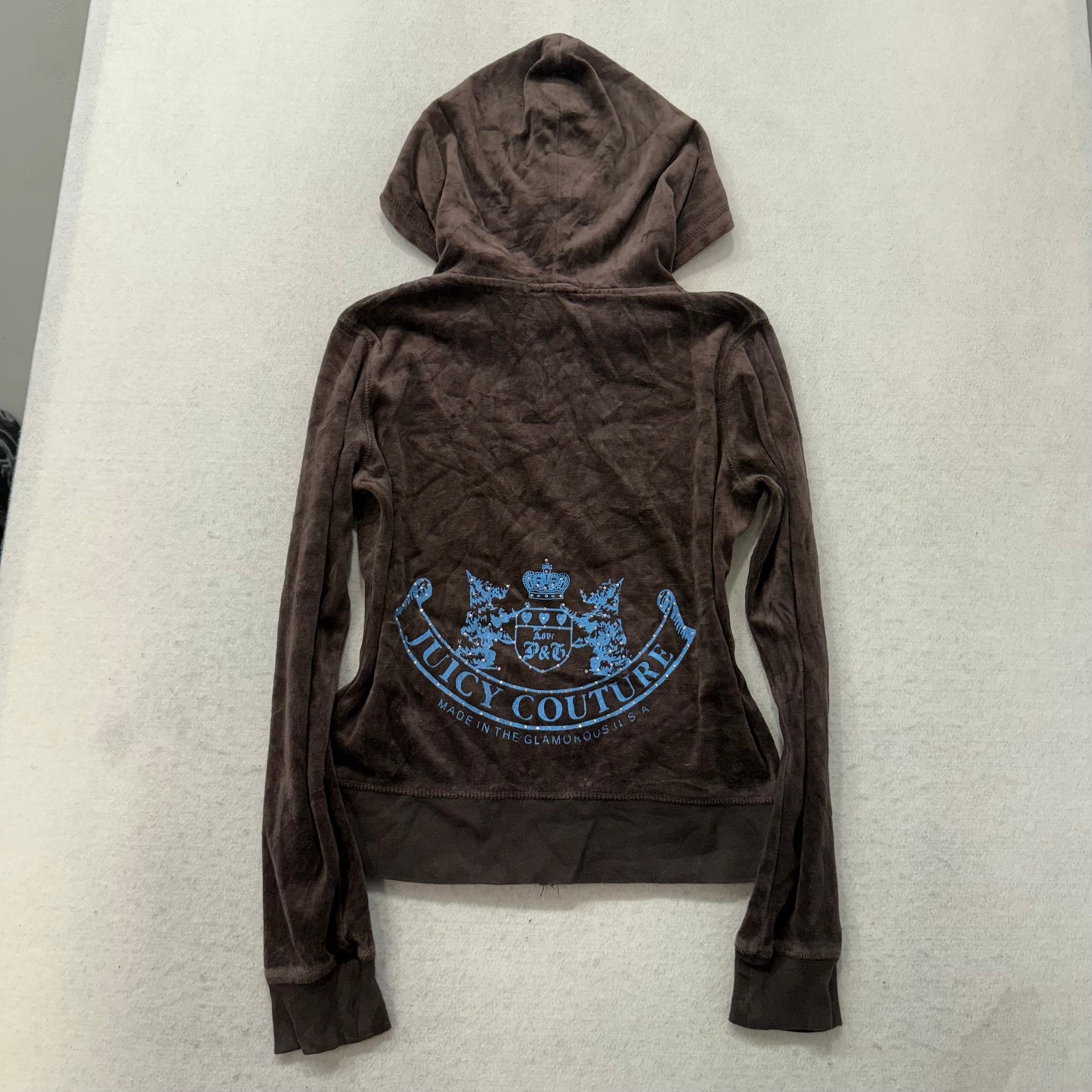 Juicy Couture Brown Velour Tracksuit Set Zip Up Hoodie & Flared Pant Logo Size M