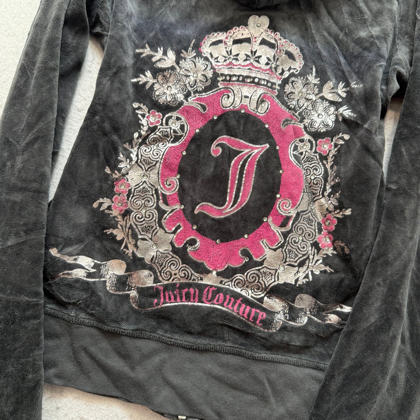 Juicy Couture Women's Charcoal Gray Velour Zip-Up Hoodie Crown Crest Logo Size S
