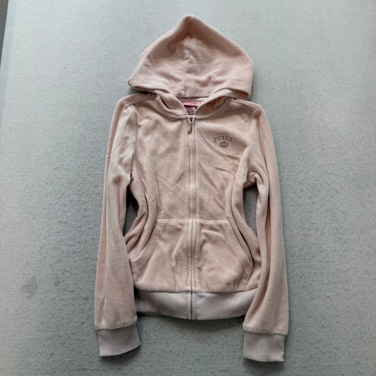 Juicy Couture Kid's Light Pink Velour Zip-Up Hoodie Rhinestones Logo Size 8/10