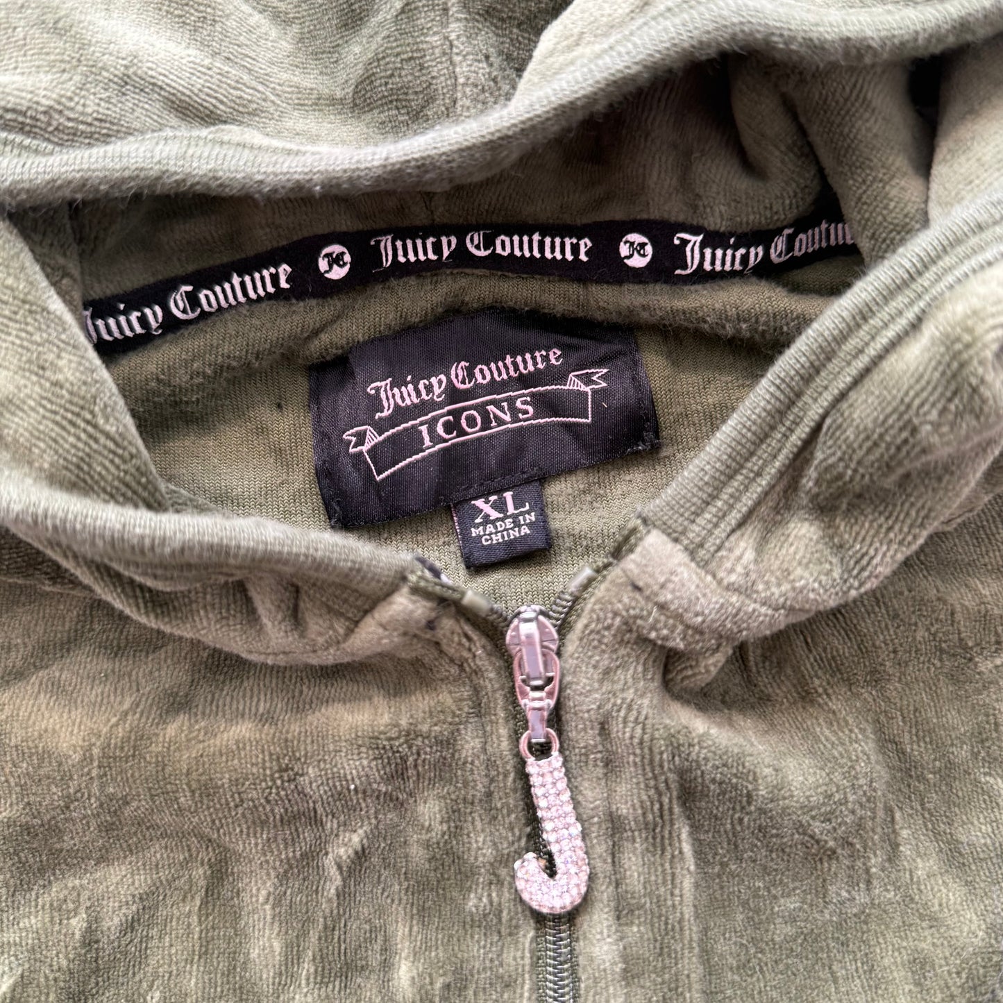 Juicy Couture Women's Olive Green Velour Full Zip Hoodie Kangaroo Pocket Size XL