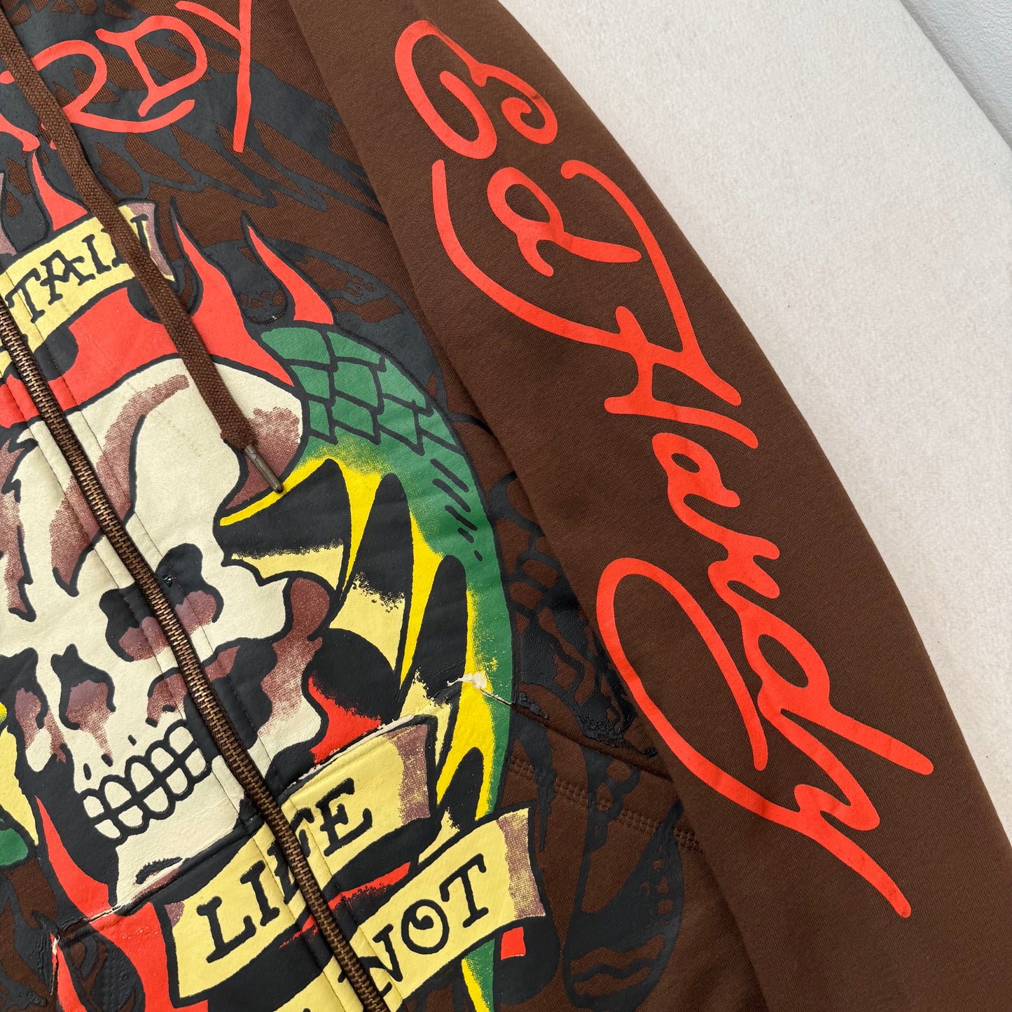 ED HARDY “Death is Certain, Life is Not” BROWN ZIP UP HOODIE